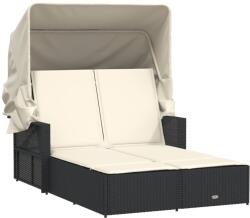 vidaXL fekete polyrattan dupla napozóágy tetővel és párnával (365806) (365806)