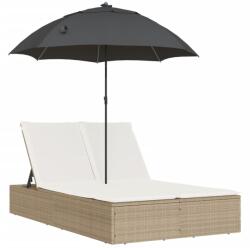 vidaXL bézs polyrattan dupla napozóágy párnákkal és napernyővel (368085) (368085)