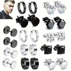  Kolczyki Męskie Stal Chirurgiczna 12 Par Czarne Srebrne Kółka Cyrkonie (dongguanchanshan)