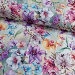 Pasja Art Viszkóz Szövet Orchideák Mintával Blúzokhoz, Ruhákhoz 140cm (storczyki wiskoza)