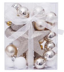 Artezan Karácsonyfadísz Gömb 3cm Teljes Szett Arany Fehér + Csúcsdísz 30db/Doboz (ACB3-FS-GW-30)