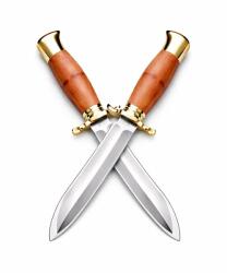 Depox Set doua cutite de vanatoare, teaca din piele naturala, lama 440C, maner lemn, 26 cm, maro (0298)