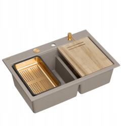 Quadron Kétmedencés gránit mosogató Bézs Szürke Szifon Adagoló +deszka +betét (HQC7650U4_PVDC1)