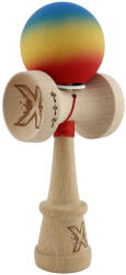 Flippy Kendama X Originala, Profesionala, Flippy, Cupe Mari KING SIZE V3, Rubber Grip, Gaura in Baza, Rulment Metalic, din lemn 18 cm, Ata 62 65 cm, Gradient Albastru Galben Rosu (teo-165026)