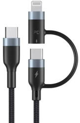 Prestige Charge Cablu incarcare si date 2 in 1, PRESTIGE CHARGE, USB-C la USB-C 60W si Lightning 27W, Incarcare Rapida si Eficienta pentru Iphone, Samsung, tableta, 1.2m, negru