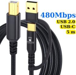 Prestige Charge Cablu Imprimanta 2in1 PRESTIGE CHARGE, USB-A si USB-C la USB-B, Compatibil Laptop/PC/Telefon, Plug and Play, Transfer 480Mbps, 5m, Negru
