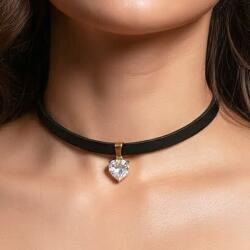  Choker bőr nyakba akasztható cirkónia fekete szív rozsdamentes acél