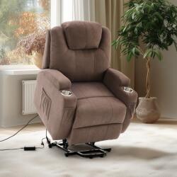  Vízlepergető szövettel felállást segítő relax elektromos fotelágy motoros mechanizmus szövet sötétbarna, pohártartóval, masszázzsal, fűtéssel