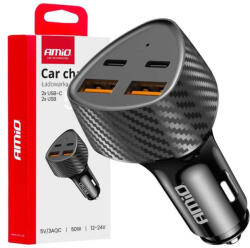 AMiO Szivargyújtós Töltő, Dupla Usb + Dupla Usb C, 50W (0504284)