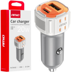 AMiO USB + USB-C Szivargyújtós Töltő 20W 12/24V (0503882)