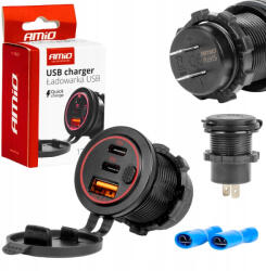 AMiO Usb és Dupla Usb-C Aljzat, Beépíthető, Vízálló, 12/24V (0504227)