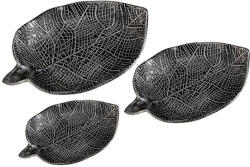  3 részes antik hatású ezüst színű levél formájú kínáló tál fából - 35 cm