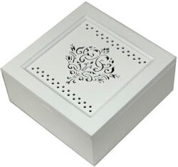  Hófehér színű fa teadoboz 4 rekeszes, díszes faragással - 18 cm