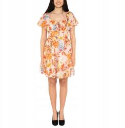 GUESS bézs virágos ruha, poliészter, koktél, térdig érő, rövid ujjú (585367)