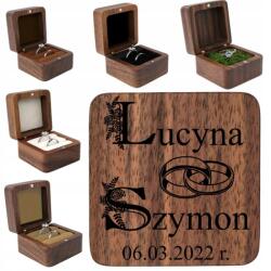 Négyzet alakú, elegáns fa doboz karikagyűrűknek esküvő gravírozás, barna (I-33187)