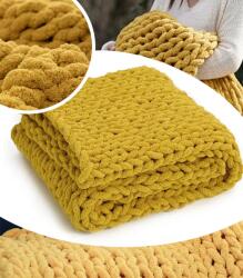 GordonToys Musztársárga szenil fonalból készült, kézzel kötött, dekoratív vastag takaró 80 x 100 cm (G839)