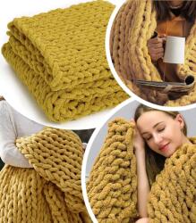 GordonToys Musztársárga, szenil fonalból készült, kézzel kötött, dekoratív, vastag takaró 80 x 100 cm (G835)