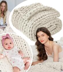 GordonToys Ecru színű, szenil fonalból készült, pleciona mintás, dekoratív vastag takaró 80 x 100 cm (G832)