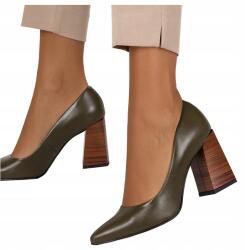 Casu Női Bőr Félcipő Olívazöld Díszes Tömbsarokkal, Lengyel Termék, 41-es méret (7075270000411)