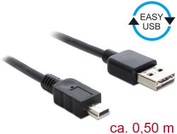 Delock Kábel, EASY-USB 2.0-s A-típusú csatlakozódugó > USB 2.0-s Mini-B-típusú csatlakozódugó, 0, 5 m (85158) - flylite