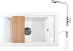 NERO Gránit Mosogató Nero Panama + Kihúzható Linea Csaptelep + Vágódeszka + Adagoló Fehér