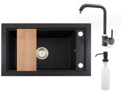 NERO Gránit Mosogató Nero Panama + Magasított Csaptelep + Vágódeszka + Adagoló Fekete