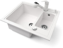 NERO Gránit Mosogató Nero Arriva + Kihúzható Zuhanyfejes Shower Csaptelep + Adagoló + Dugókiemelő Fehér