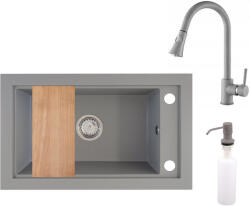 NERO Panama P686-427S Gránit Mosogató + Kihúzható Zuhanyfejes Csap + Adagoló + Deszka + Szifon Szürke
