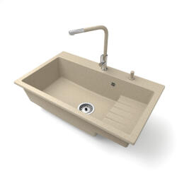 NERO Gránit Mosogatótálca NERO Boss + Kihúzható Linea Csaptelep + Adagoló Bézs