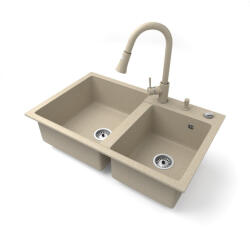 NERO Gránit Mosogatótálca Nero Palazzo + Kihúzható Zuhanyfejes Snake Csaptelep + Adagoló + Dugókiemelő Bézs