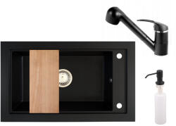 NERO Gránit Mosogató Nero Panama + Kihúzható Shower Csaptelep + Vágódeszka + Adagoló Fekete