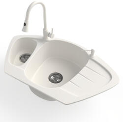 NERO Gránit Mosogató Nero Compact + Kihúzható Zuhanyfejes Snake Csaptelep + Adagoló Fehér