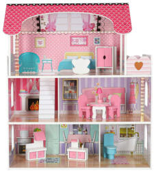 KIK MDF Fából Készült Babaház + Bútor 70 cm Rózsaszín LED