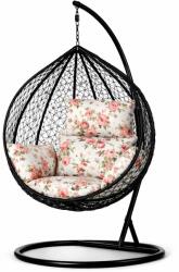  Fekete rattan hatású függőfotel rózsa mintás ülőpárnával (FAT0007)