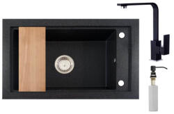 NERO Gránit Mosogató Nero Panama + Design Csaptelep + Vágódeszka + Adagoló Szemcsés Fekete