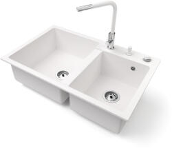 NERO Gránit Mosogatótálca Nero Palazzo + Kihúzható Linea Csaptelep + Adagoló + Dugókiemelő Fehér