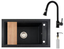 NERO Gránit Mosogató Nero Panama + Kihúzható Snake Csaptelep + Vágódeszka + Adagoló Szemcsés Fekete