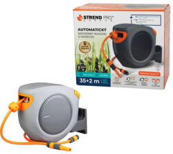 Strend Pro Premium Fali tömlődob, Strend Pro Premium, szürke/narancssárga, tömlővel, 1/2", 35 + 2 m, 24 bar, automata feltekerő, szórópisztollyal, csatlakozókkal, forgatható konzol, -5°C és +45°C között hőálló (TC256100