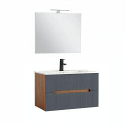 Leziter Trent Mobilier de baie 80 cm lavoar ceramic (2 sertare) cu oglindă 60x80 cm stejar sunset-antracit gri (TRENT80SSTANTSZ)