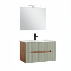 Leziter Trent Mobilier de baie 80 cm chiuvetă ceramică (2 sertare) cu oglindă 60x80 cm stejar apus de soare-oliv verde (TRENT80SSTZ)