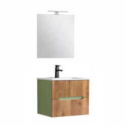 Leziter Trent mobilier de baie 60 cm chiuvetă ceramică (2 sertare) cu oglindă 60x80 cm verde fistic - stejar apus de soare (TRENT60VZSST)