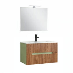 Leziter Trent Mobilier de baie 80 cm chiuvetă ceramică (2 sertare) cu oglindă 60x80 cm verde fistic - stejar apus de soare (TRENT80VZSST)