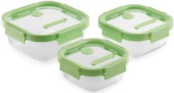 Brabantia Lékué Square Glass Containers négyzetes üvegedény készlet, 3db - 1, 1L/0, 8L/0, 52L, egymásra tehető, légmentesen zárodó fedéllel, gőzkieresztő szeleppel, zöld - 884047 (LK884047)