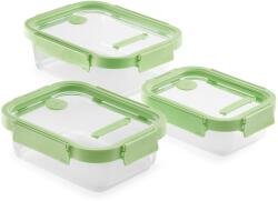 Lékué Rectangular Glass Containers téglalap üvegedény készlet, 3db - 1, 52L/1, 05L/0, 64L, egymásra tehető, légmentesen zárodó fedéllel, gőzkieresztő szeleppel, zöld - 883941 (LK883941)