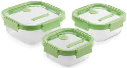 Lékué négyzetes üvegtál készlet, 3db - 1, 1L/0, 8L/0, 52L, egymásra tehető, zöld
