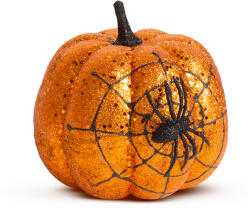 Family Halloween-i tök dekoráció - narancs glitteres - pókhálóval - 15 cm (58179A) - getitnow