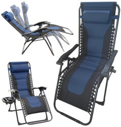 Verk Group Összecsukható gravitációs kerti és strandi lehajtható fejtámlás napozóágy fekete/kék színben (27261_N)