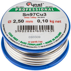 CYNEL Forrasztóón, 97% Sn, 3%Cu: 2, 5mm drót, 100g, rézforrasztáshoz (44E742)