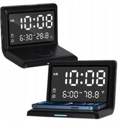 3az1ben Óra Ébresztőóra Digitális Vezeték nélküli Töltő 15W Hőmérséklet Tükör (RC-K-1626)