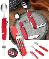 GordonToys 4 az 1-ben turisztikai zsebkés kanállal, villával, üvegnyitóval és dugóhúzóval - piros (G719)